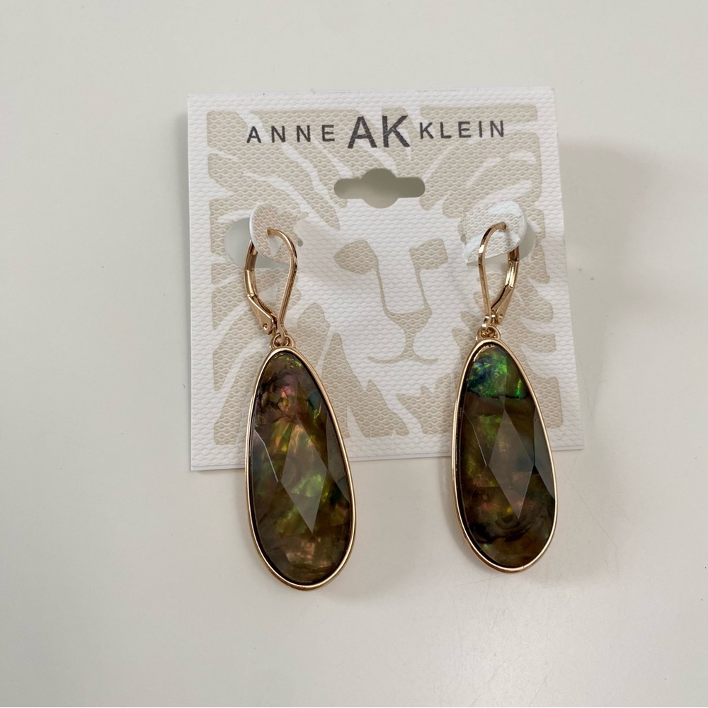 Anne Klein Green Brown Opal Faceted Abalone Teardrop Earrings